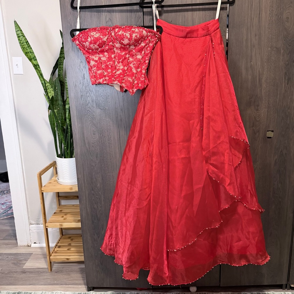 Alfred Angelo Red Lace Corset‎ Top and Tiered Maxi Skirt Two Piece Set Womens 6